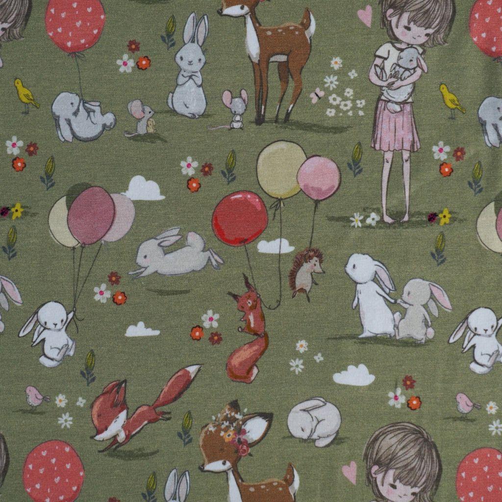 Baumwolljersey Mädchen mit Hase und Reh grün – FVJ